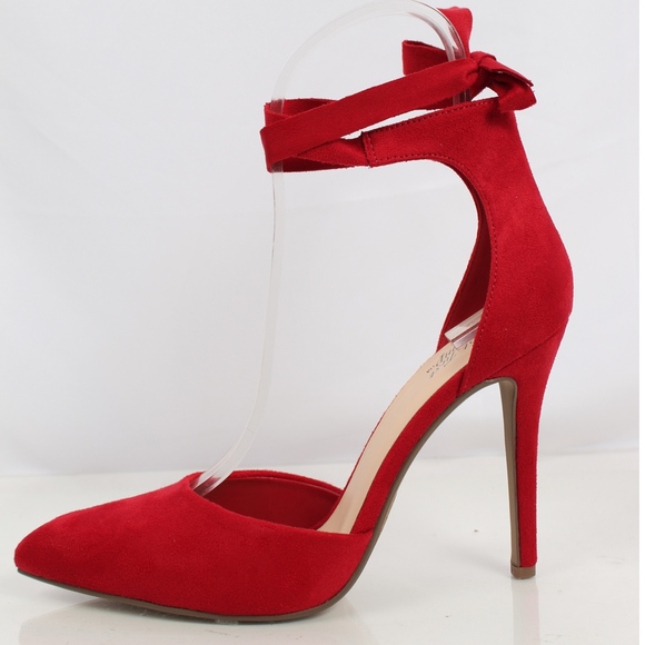 Size 5.5 Red Faux Suede Pointy Toe Ankle Tie Stile - Picture 2 of 7